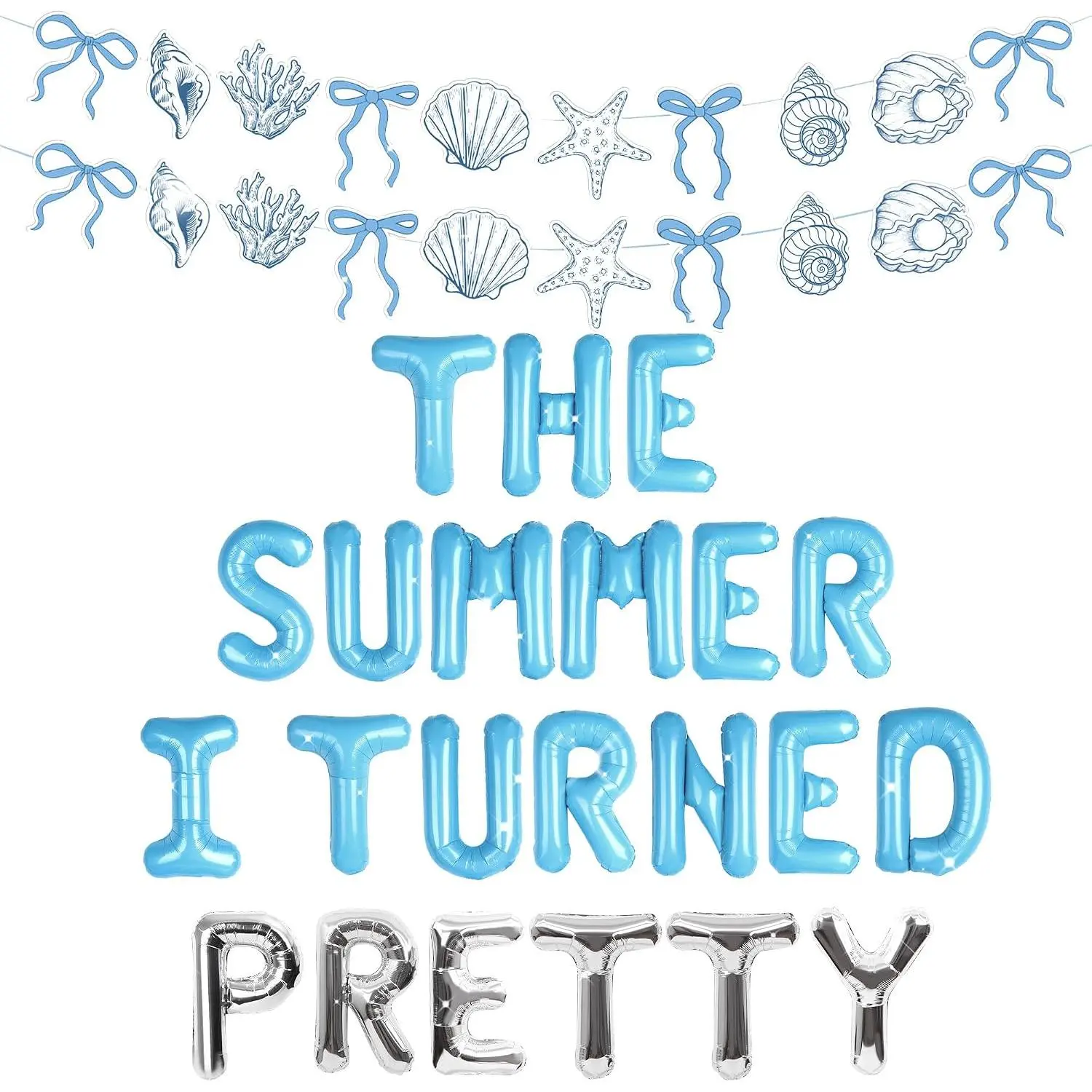 The Summer I Turned Pretty Coastal Party Decorations Kit - Latex Balloons, Slogan Banner, Seashells Banner, Garland, Pearl Accents, Light for Room Festive Supplies, Slogan Banner Balloons