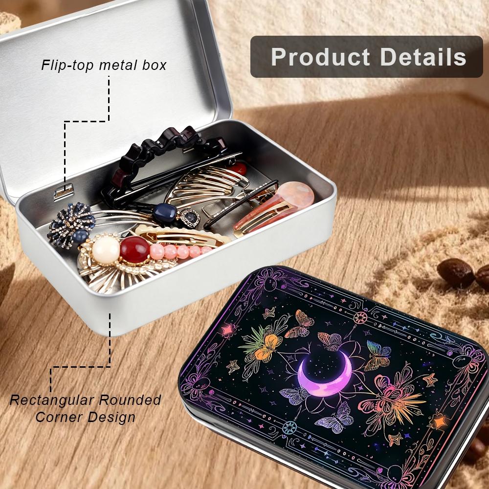 1Pc Celestial Moon & Butterfly Metal Tin Box with Hinged Lid - Small Storage Containers for Tarot Crystals, Jewelry - Decorative Rectangular Tinplate Organizer, Desktop Storage Box, Collectibles Storage, Witchy Gift for Women, Display Container