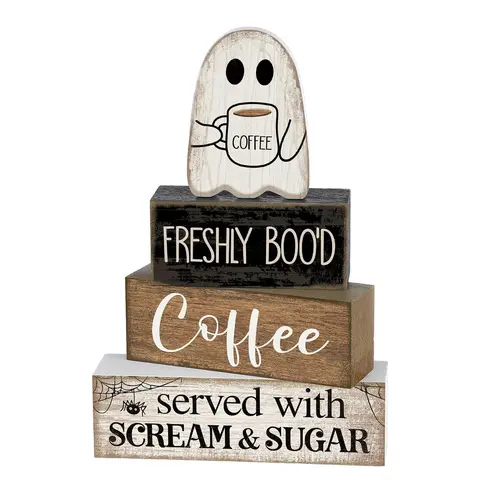 4pcs Halloween Ghost Coffee Bar Decor Set, Rustic Farmhouse Wooden Tiered Tray Decorations with 1 Ghost Ornament and 3 Wood Signs for Home, Office and Kitchen