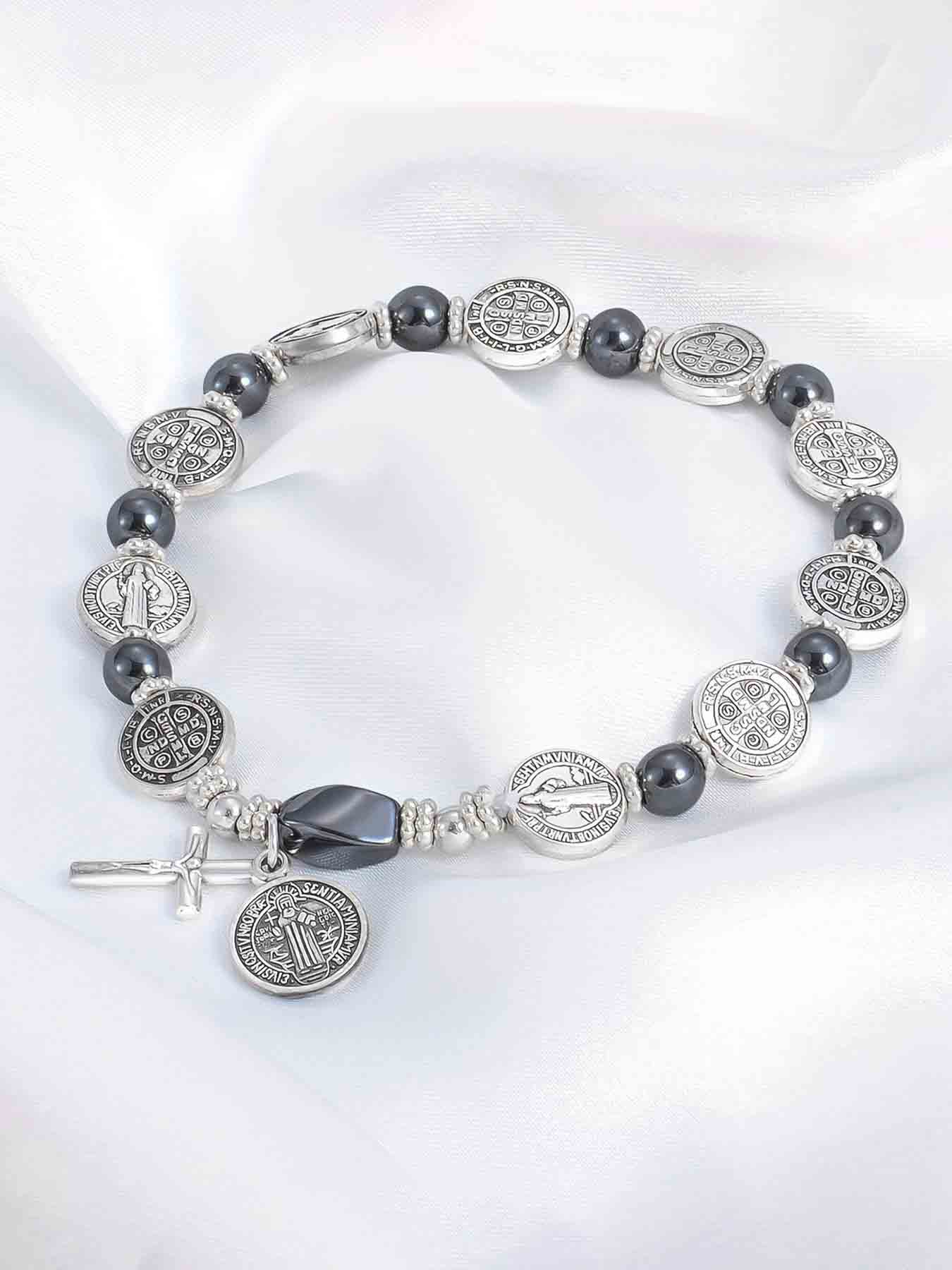 Vintage Agate Beaded Bracelet, Handmade Elastic String, Fashion Casual Unisex Jewelry, Cross Pendant Charm