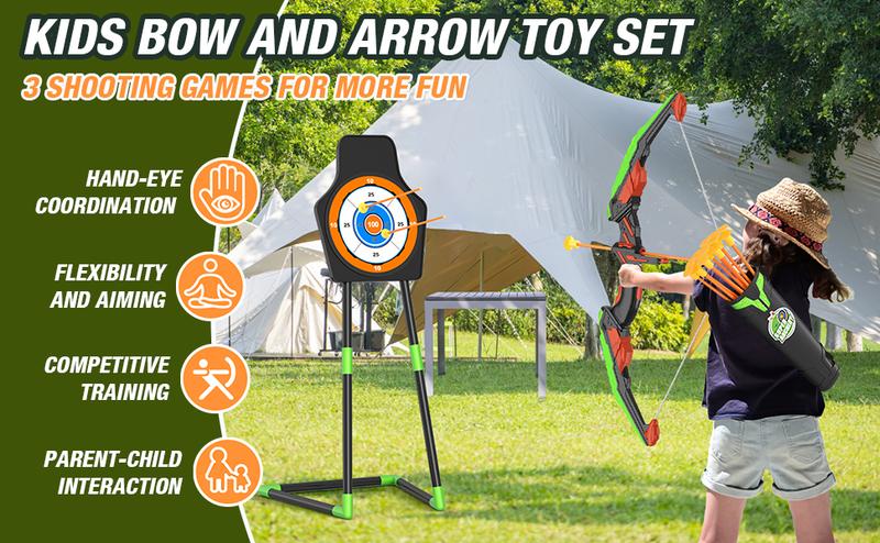 Bow and Arrow for Kids, LED Light Up Archery Set with 12 Suction Cup Arrows, 1 Standing Target, 3 Score Targets & 1 Quiver, Indoor Outdoor Sport Gifts for Boys Girls Ages 3-12, Green/Blue