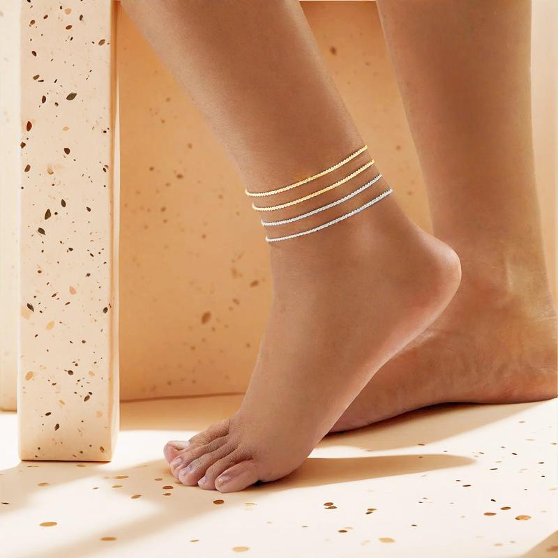 4pcs Dainty Layered Waterproof Anklet For Women Adjustable Womens Anklet Set Stackable Figaro Beaded Cuban Link Anklets Daily Clothing Decor For Beach Summer Trendy All-match & Exquisite Jewelry Gift For Outdoorfun