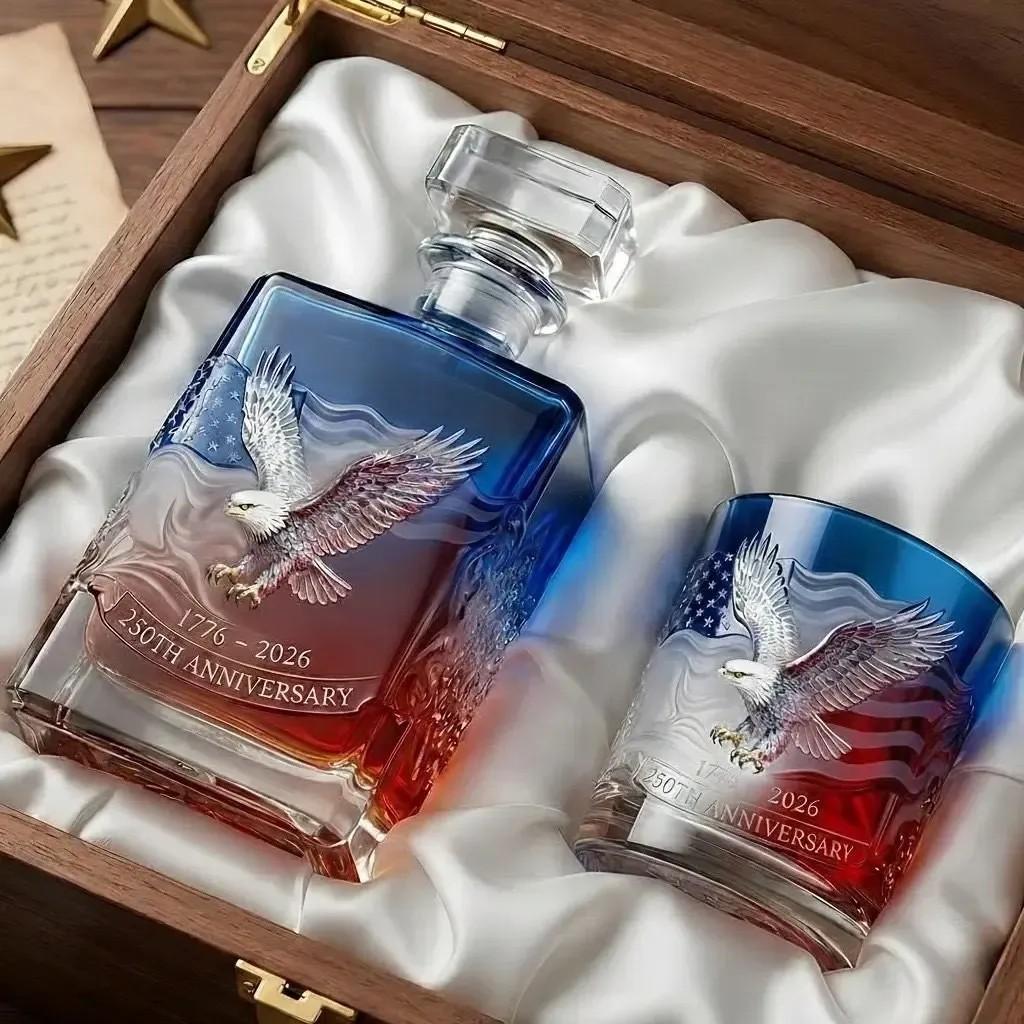 Unique 250 Year Commemorative Whiskey Decanter, Handcrafted Glass Bottle, Great Gift for Him, Bar & Man Cave Decor, 250th Anniversary Theme