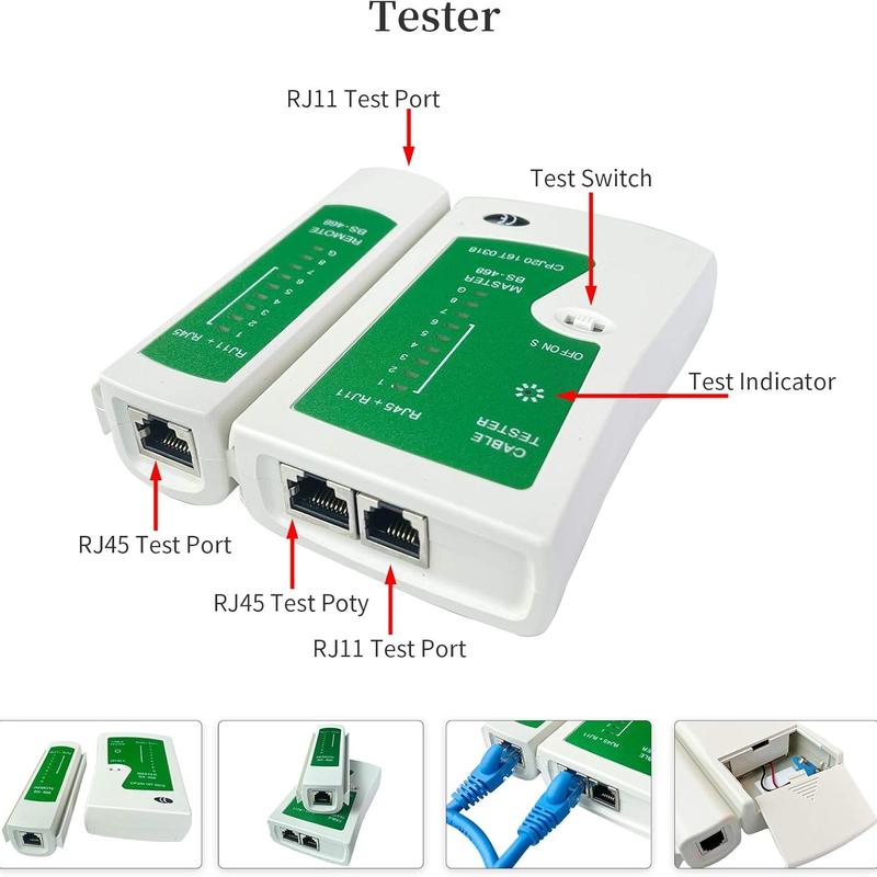 RJ45 Crimp Tool Kit All-in-One Ethernet Crimper Cat7 Cat6 Cat5 Crimping Tool with Network Cable Tester, 20pcs Cat5 RJ45 Pass Through Connector, 20pcs Connector Boots for Home Office Network Connect