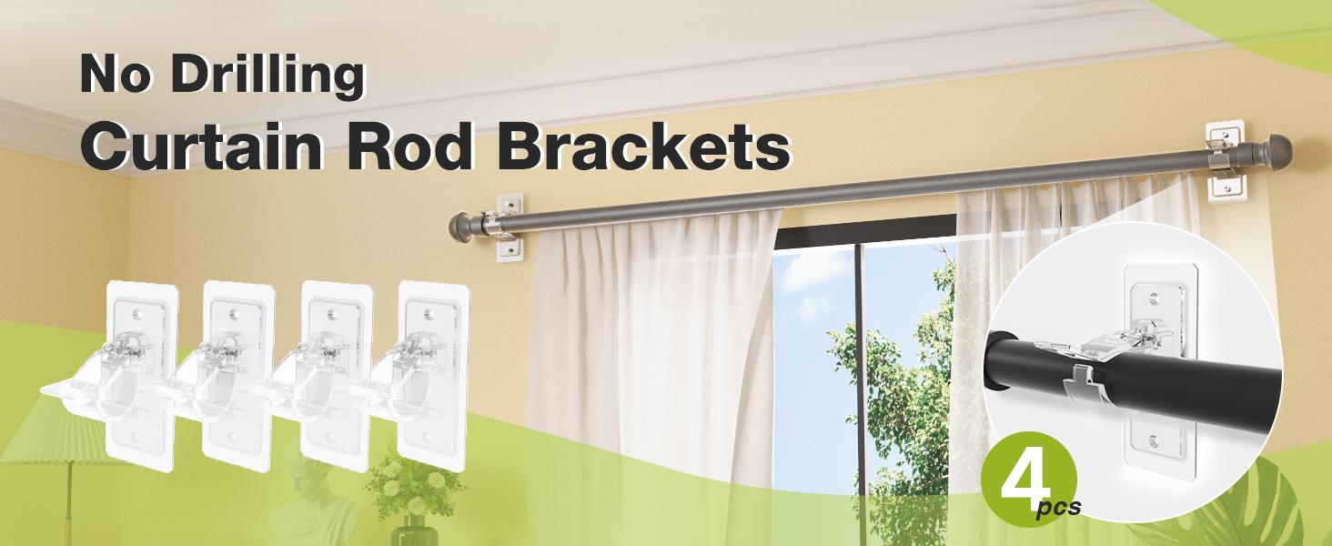Renter Friendly No Drill Curtain Rod Brackets, Self Adhesive Holders for Multi-Size Rods 0.5''-1.2''
