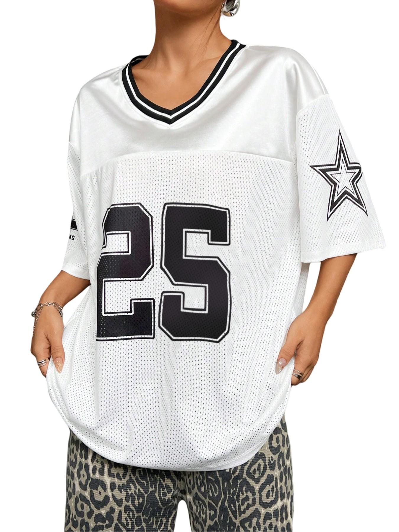 Women's Number 25 Varsity Mesh Football Jersey 🖤🤍 White/Black/Green Color Options | V-Neck Striped Trim & Star Sleeve Detail | Oversized Relaxed Fit | Perfect for Streetwear, Sporty Style & Y2K Outfits | Retro Sport Essential