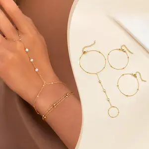 18K Gold Plated Hand Chain Bracelet Set for Women, 3 Pcs Dainty Adjustable Finger Ring Bracelet with Cubic Zirconia, Non Tarnish Waterproof Stainless Steel Layered Hand Jewelry Stackable Minimalist Everyday Wear Gifts