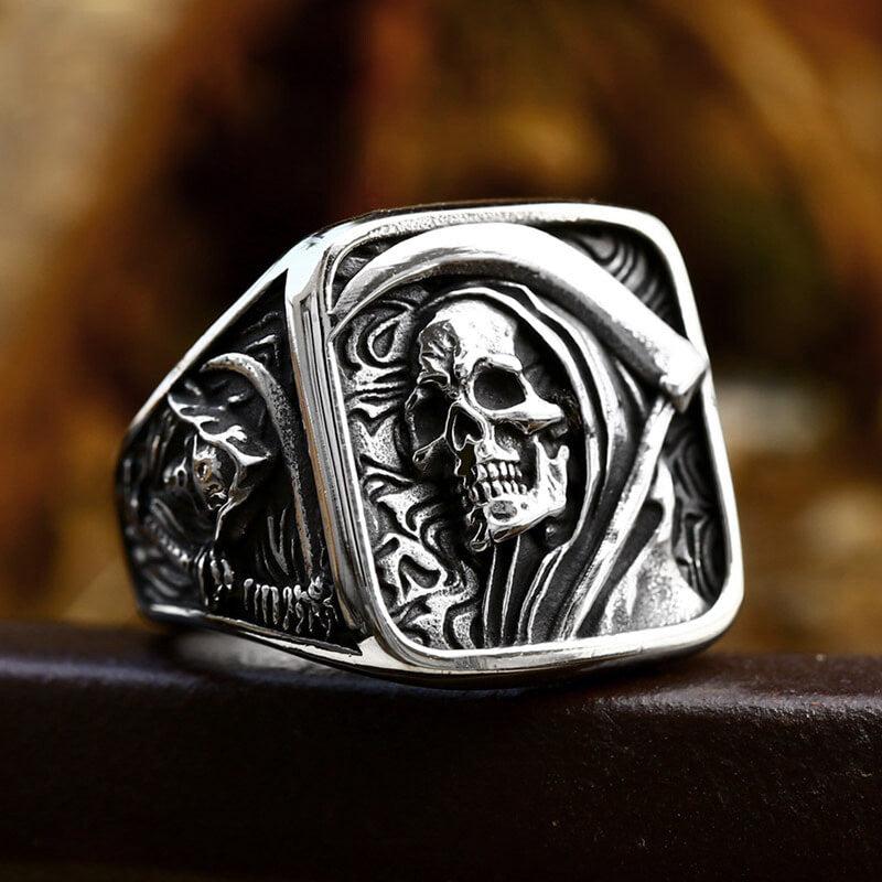 GTHIC Unisex Vintage Grim Reaper Skull Square Ring Stainless Steel Fashion Accessories for Daily Wear