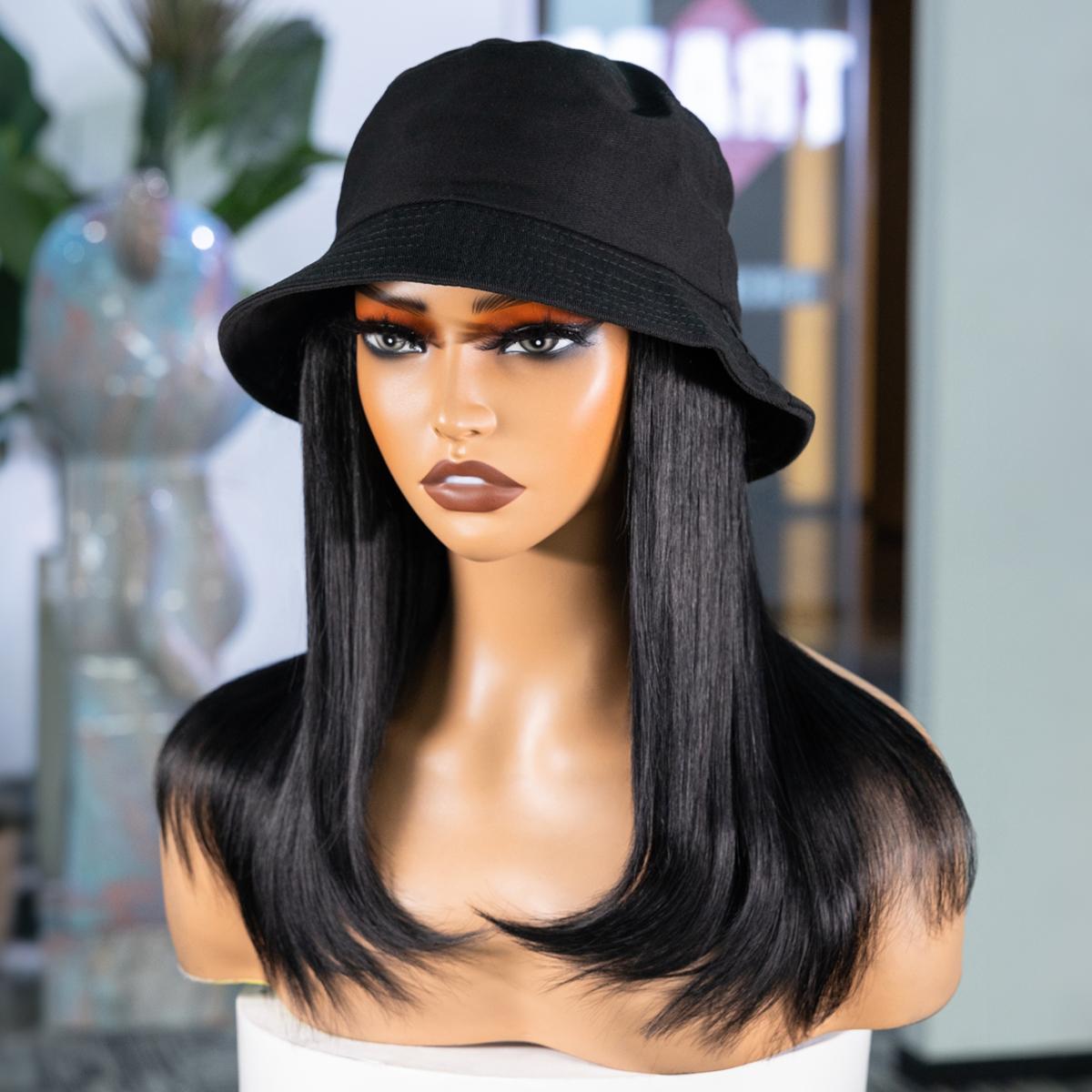 Wavymy Bucket Hat Wigs Straight Human Hair Wigs With Natural Color 100% Human Hair Styled-to-Go
