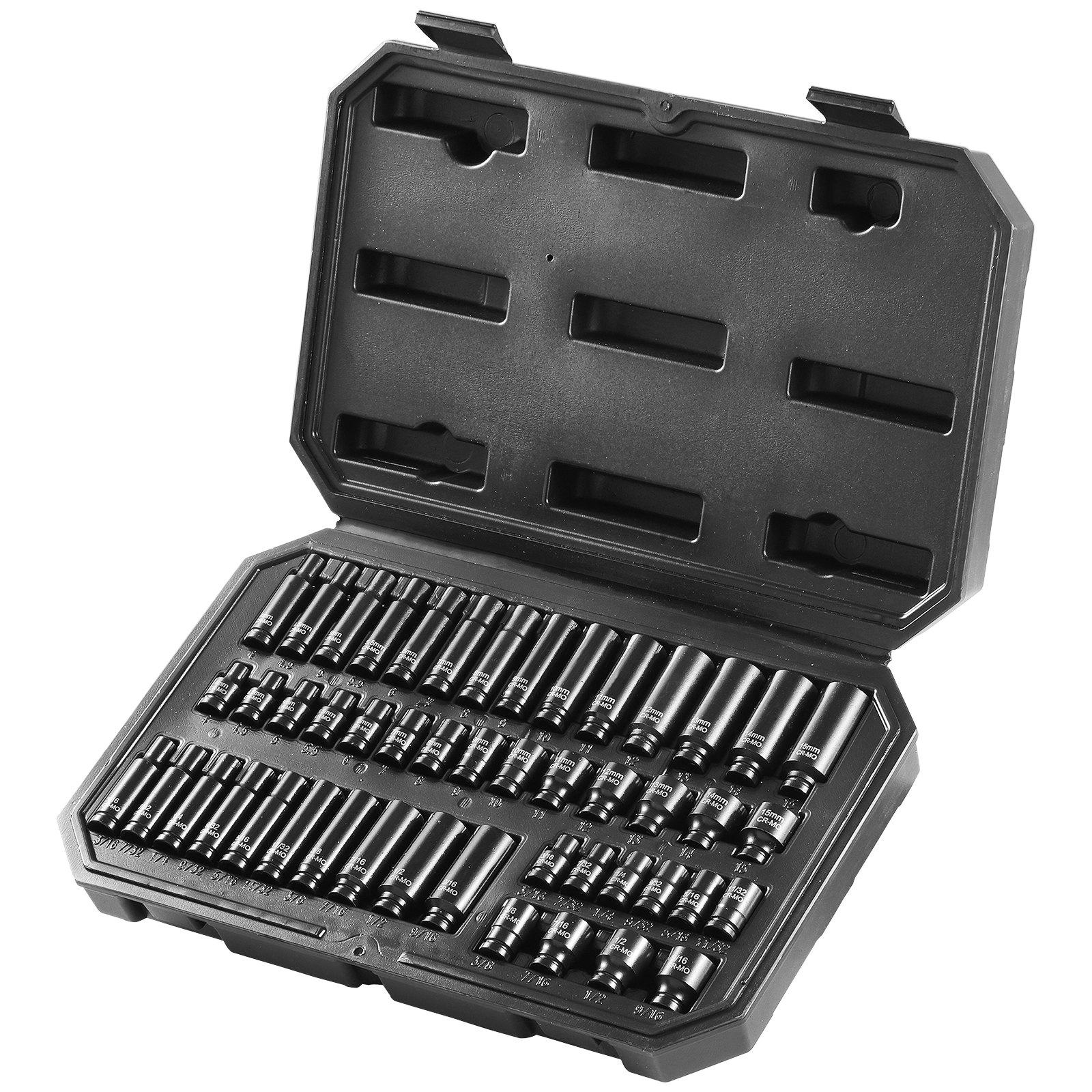 VEVOR Drive Impact Socket Set 1/4"  - 14 Piece Deep Socket Set Metric 4-15mm - 6 Point Cr-Mo Alloy Steel for Auto Repair - Easy-to-Read Size Markings - Rugged Construction - Socket Organizer