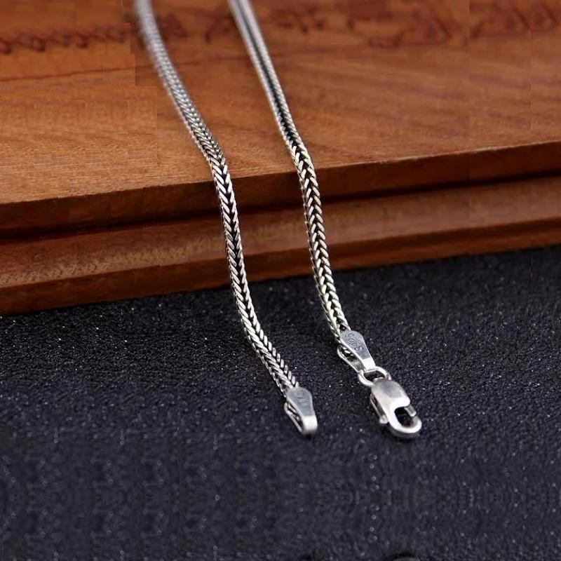 Pure S925 Sterling Silver Bright Classical Chopin Link Weave Fox Tail Pendant Chain Necklace 1.6mm Thick Men Woman Fine Jewelry
