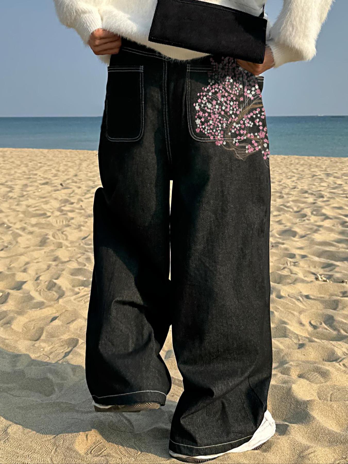 Men's Vintage Y2K Style Loose Wide Leg Jeans, Sakura Embroidered