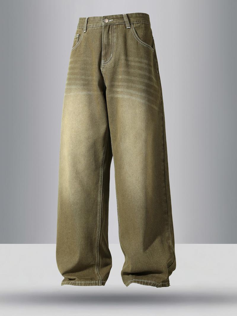 Men's vintage washed loose straight-leg jeans, casual four-season street style, zipper fly, solid color pattern, daily wear denim pants. If you prefer a looser fit, order one size larger.