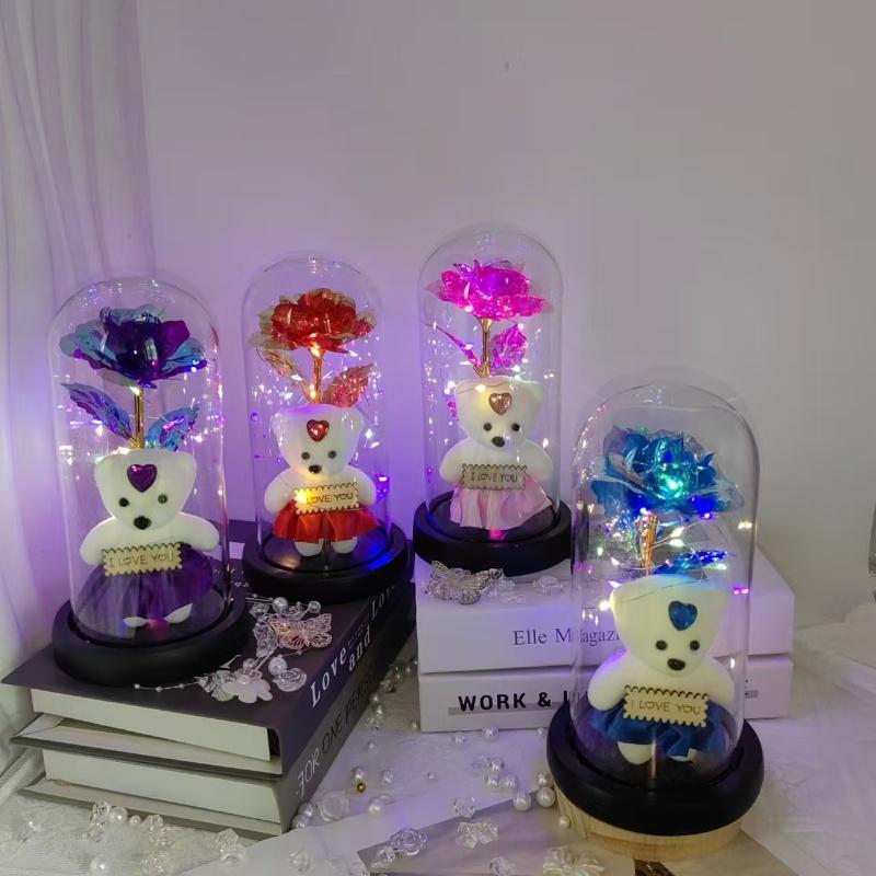 Artificial Rose Bear Gift with Glass Dome, 1 Count Battery Powered Romantic Glass Cover Rose Bear Flower Gift with Light, Decorative Flower for Home Party Wedding Anniversary, Rose Teddy Bear(without Battery)