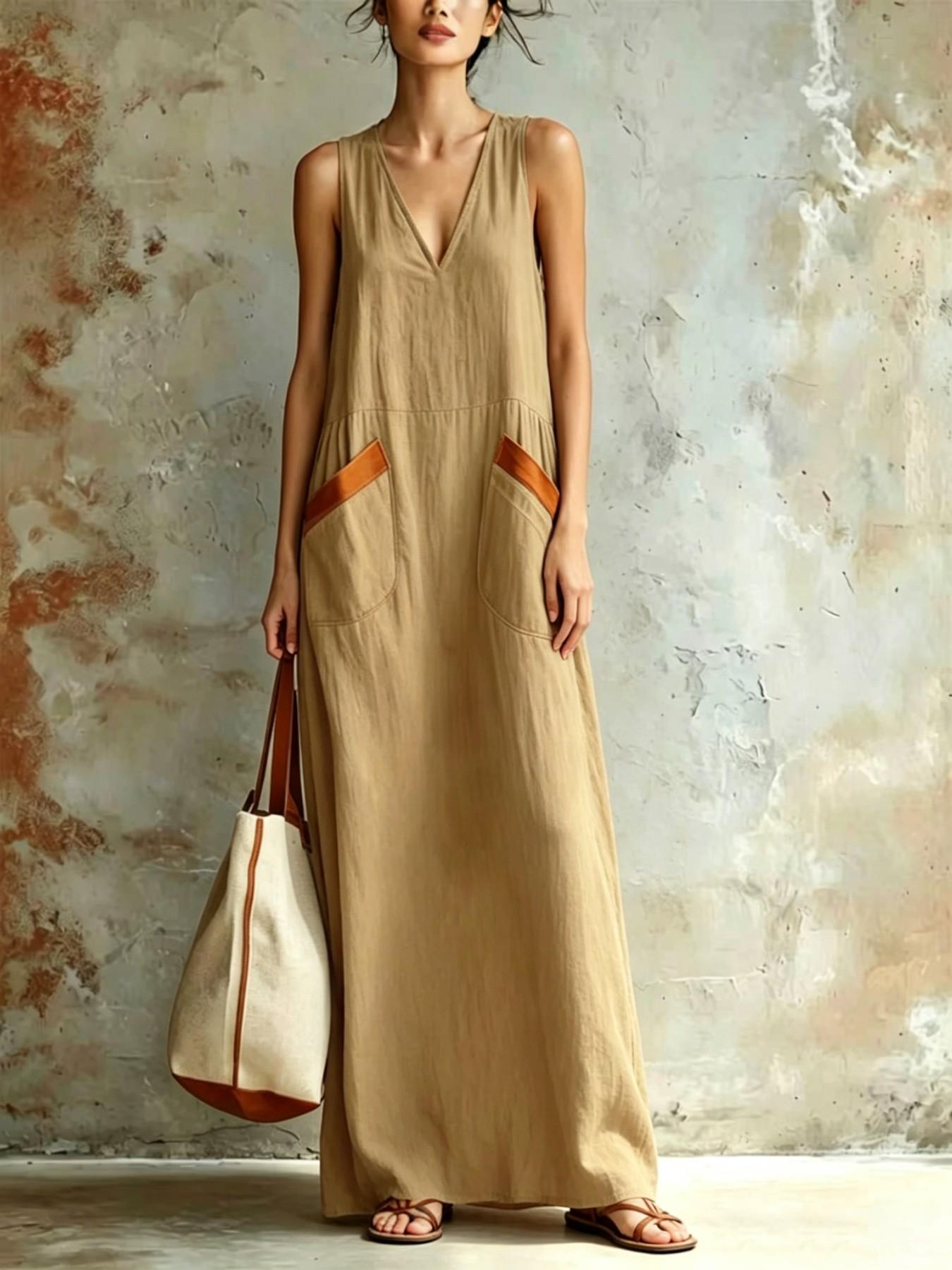 Women's Summer New Casual Fashion Chic Sleeveless V-Neck Loose Comfortable Lightweight Solid Dress, Summer Tank Dresses, Daily Commute, Trendy Ladies' Clothing