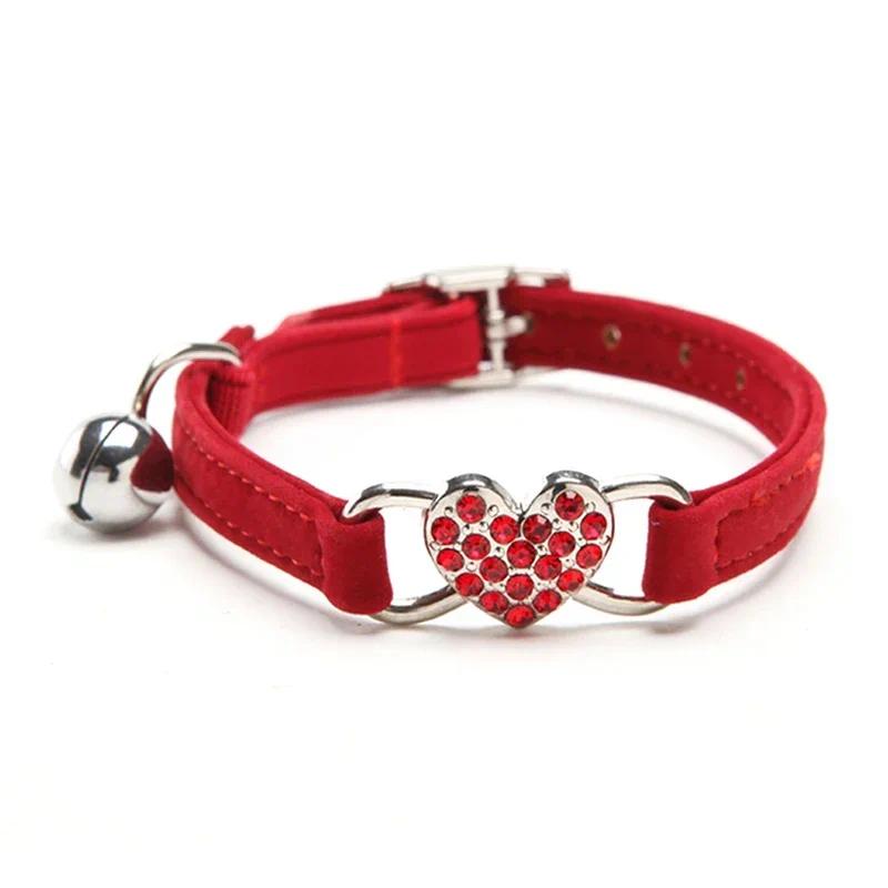 Soft Velvet Pet Collar - 8-Color, with Heart Charms, Bell, Safety Elastic, Adjustable Universal Fit for Small Dogs & Cats