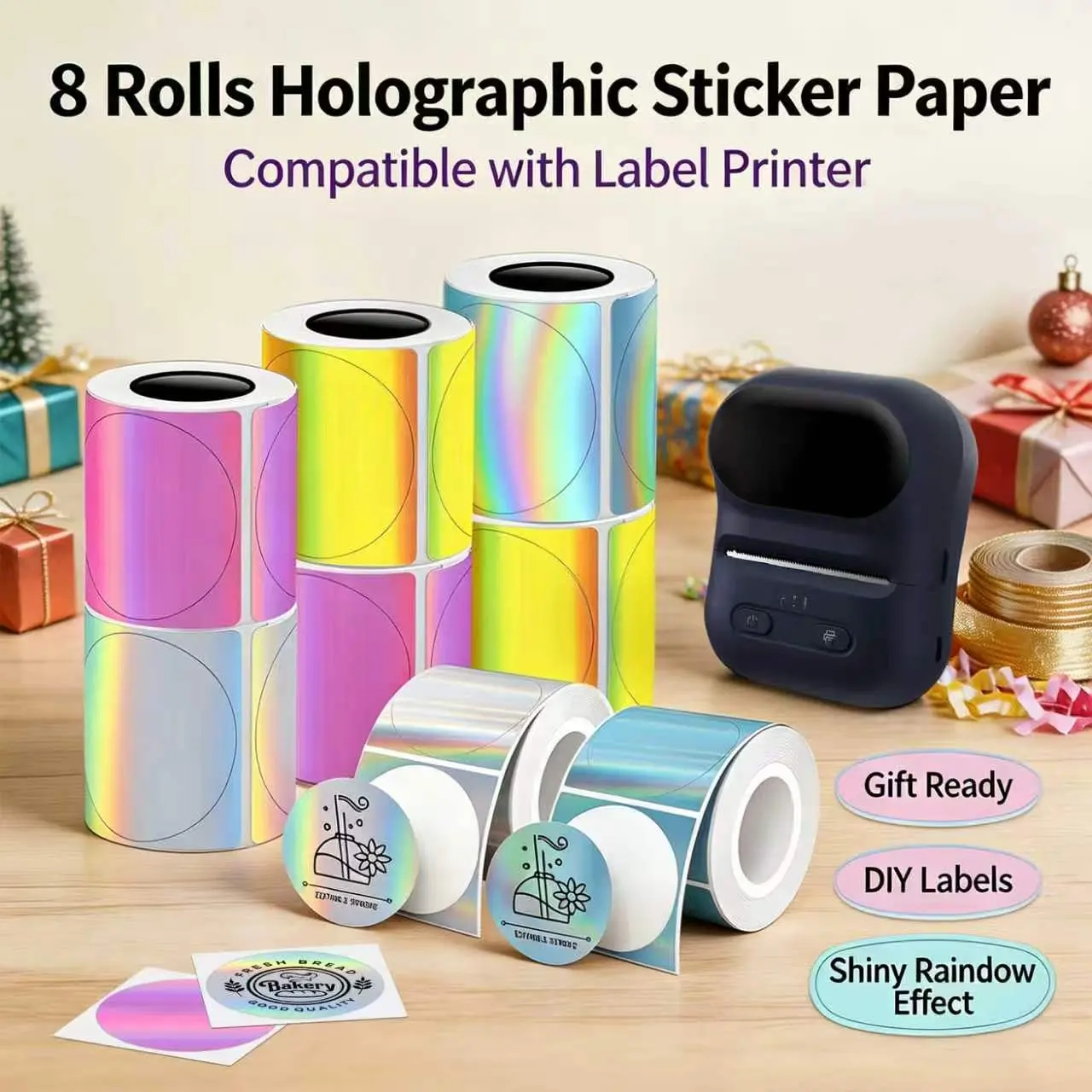 8 Rolls Holographic Round Self-Adhesive Iridescent Rainbow Label Stickers, Compatible With Portable Thermal Label Printers, For DIY Gift Packaging & Small Business Office Supplies