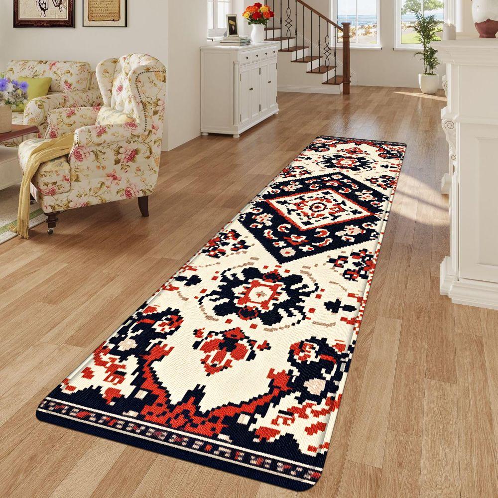 1PC， Red, White and Black Geometric Pattern strip rugs, home décor, bathroom mats, entryway mats, bathroom non-slip mats, indoor entrance rugs, bedroom bedside mats, kitchen mats, hallway rugs, flannel sponge rugs, hallway runner rugs