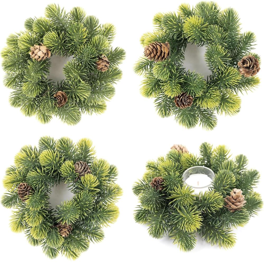 4 Pack Small Christmas Wreath, Mini Wreaths with Pine Needles and Pine Cones, Artificial Ring Wreaths Hanging Decoration Garlands for Home Table Kitchen Window Chair Wall Front Door