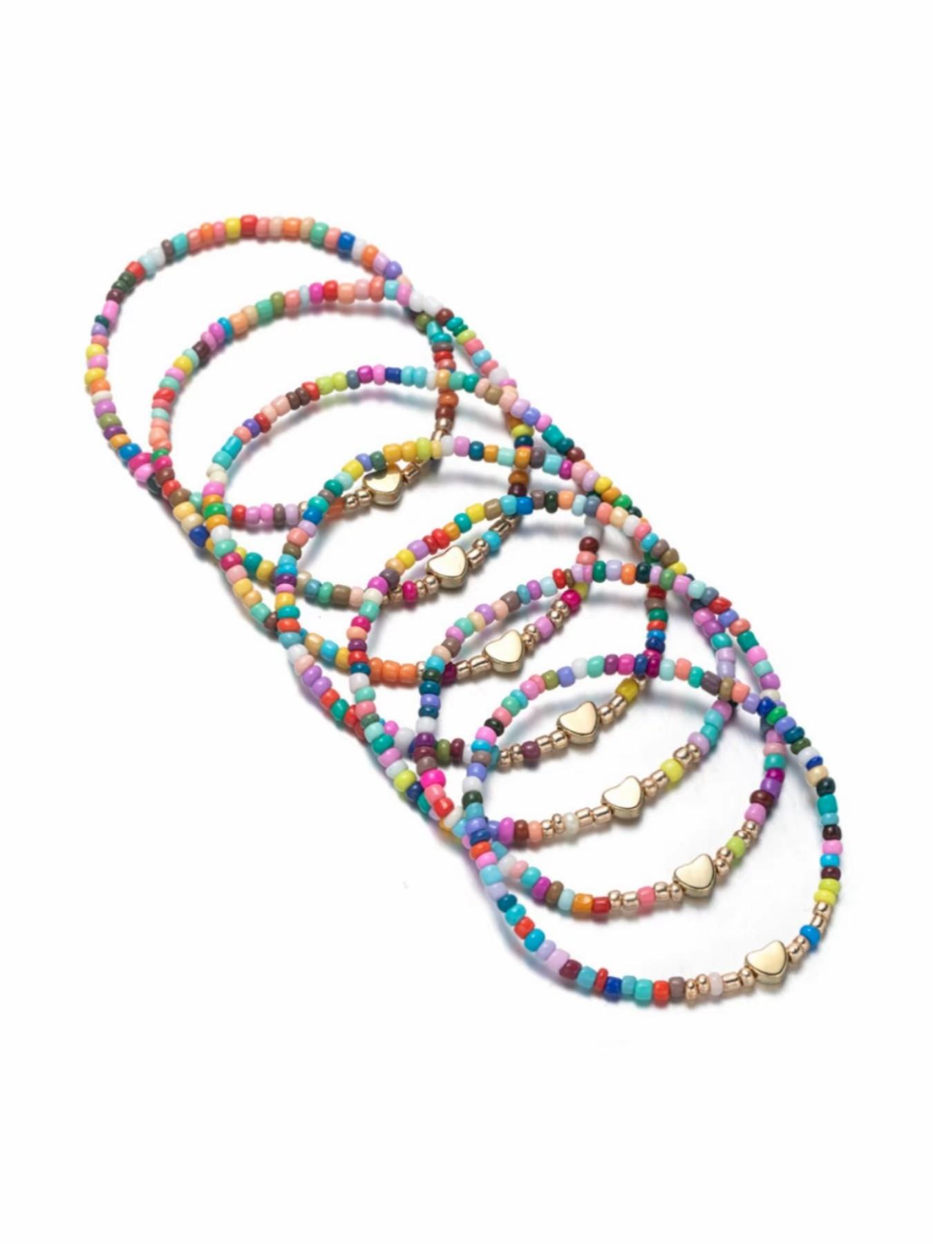 Colorful Rainbow Beaded Bracelet Set with Gold Heart Charm | Y2K Aesthetic Stackable Bracelets for Women | Summer Beach Friendship Jewelry Gift
