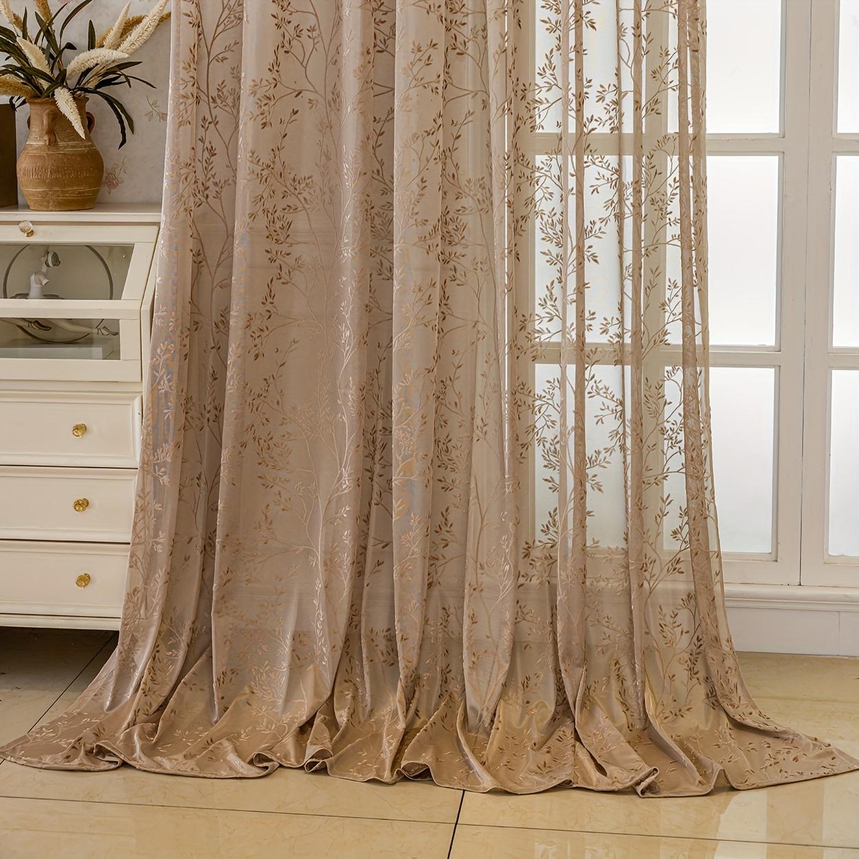 Vintage Bohemian Plant Jacquard Semi-Transparent Curtain, with Hanging Holes, Suitable for Bedroom, Living Room, Balcony, Room Divider