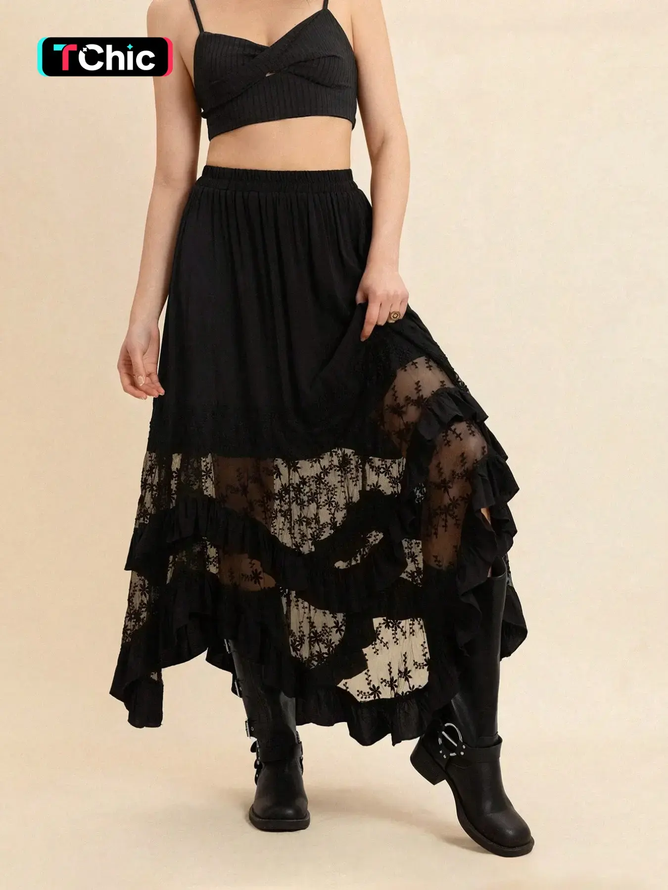 Rusttydustty Women's Black Lace Patchwork Woven Ruffled Loose Flowy Midi Skirt, Vintage Bohemian Style Asymmetric Hem boho easter beach hawaii Coachella Festival Tropical Summer Boho Casual Skirts