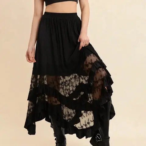 Rusttydustty Women's Black Lace Patchwork Woven Ruffled Loose Flowy Midi Skirt, Vintage Bohemian Style Asymmetric Hem boho easter beach hawaii Coachella Festival Tropical Summer Boho Casual Skirts