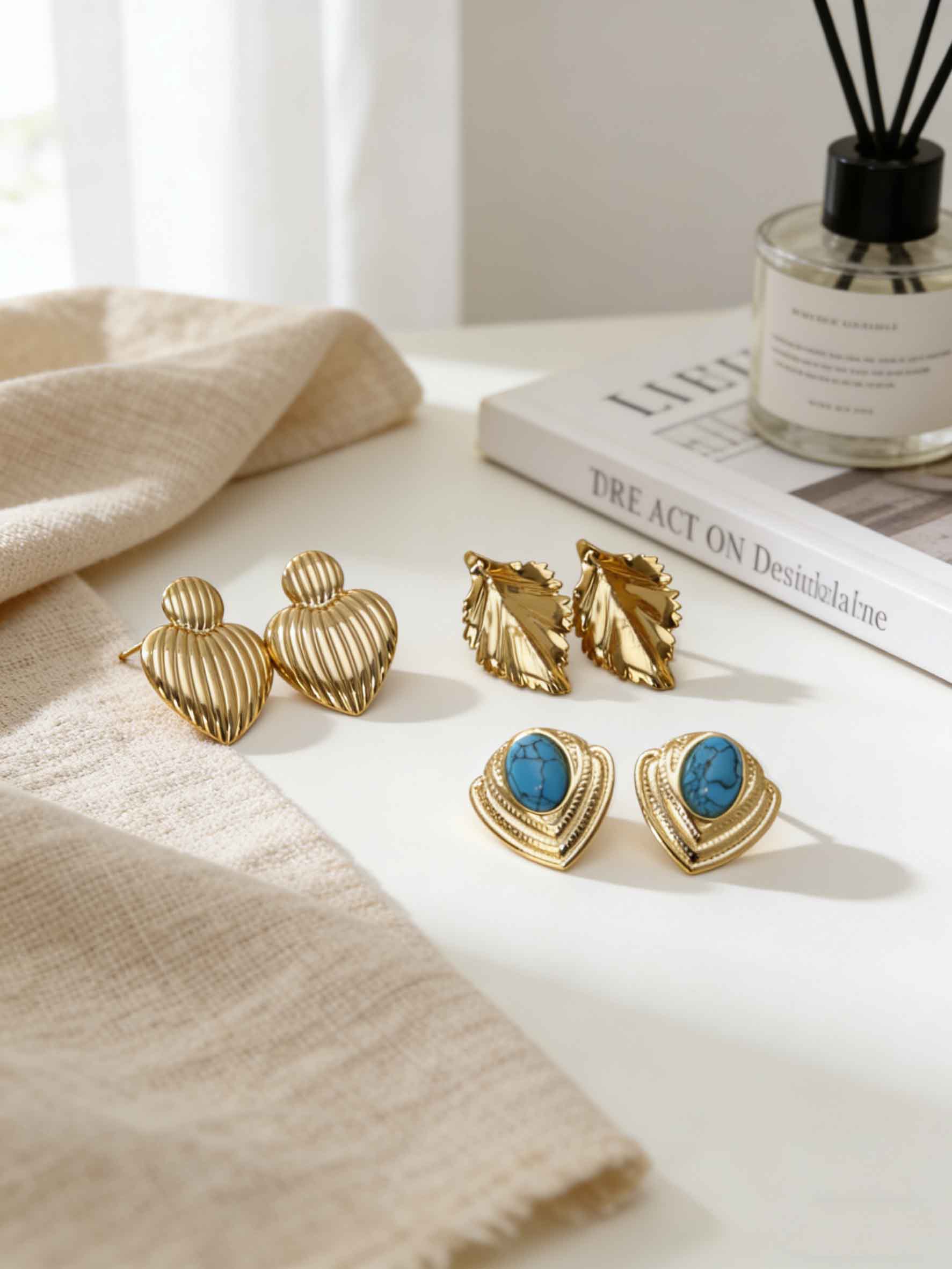 Vintage Gold Stud Earrings for Women 18K Gold Plated Turquoise Leaf Heart Square Geometric Chunky Earrings Hypoallergenic Stainless Steel Fashion Jewelry for Daily Wear Party Gift