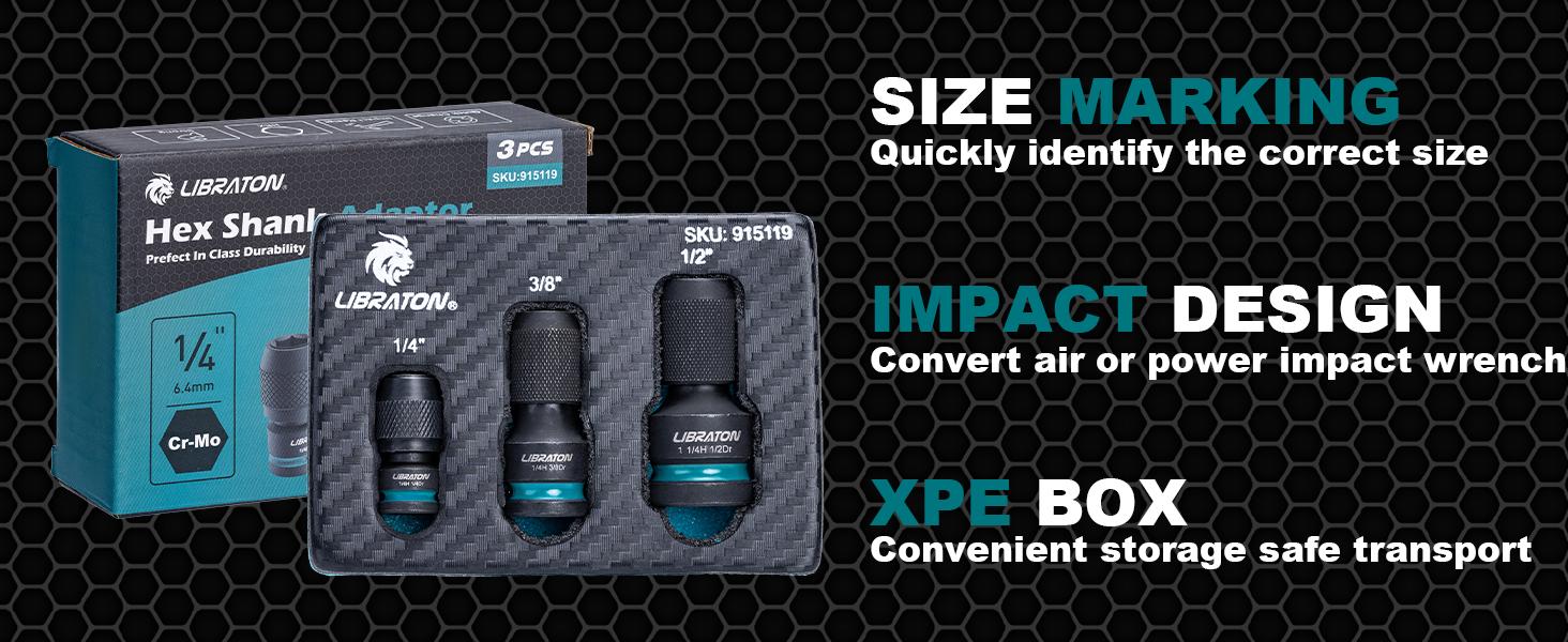 LIBRATON Impact to 1/4 Hex Converter, 1/2 3/8 1/4-INCH Drive Female to 1/4-Inch Hex Adapter, Impact Wrench Adapters for Ratchet Wrench Drivers, Impact Bit Holders, Quick-Change Chuck, Cr-Mo Steel