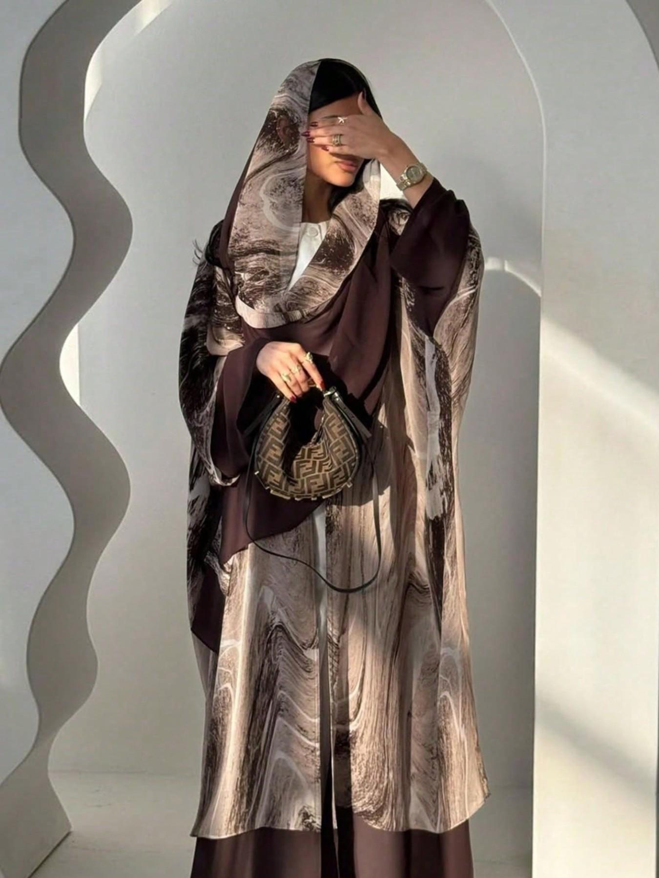 Hafizah Ink Texture Print Long Relaxed Fit Cardigan Scarf Set, Loose-Fitting Outerwear for Women, All-Seasons Plain Pattern, Comfortable Casual Style