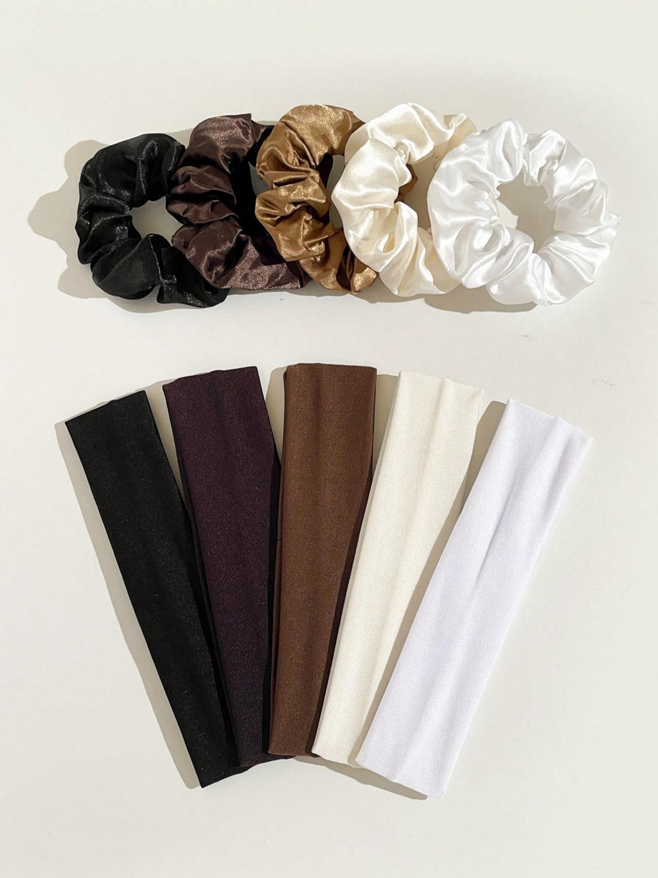 10pcs Solid Color Simple Retro Fashion Breathable Sweat-Absorbing Hair Accessories. Colon Hair Ties + Hair Rubber Bands + Sports Headbands Combination Set. Suitable For Daily Wear And Sports Matching
