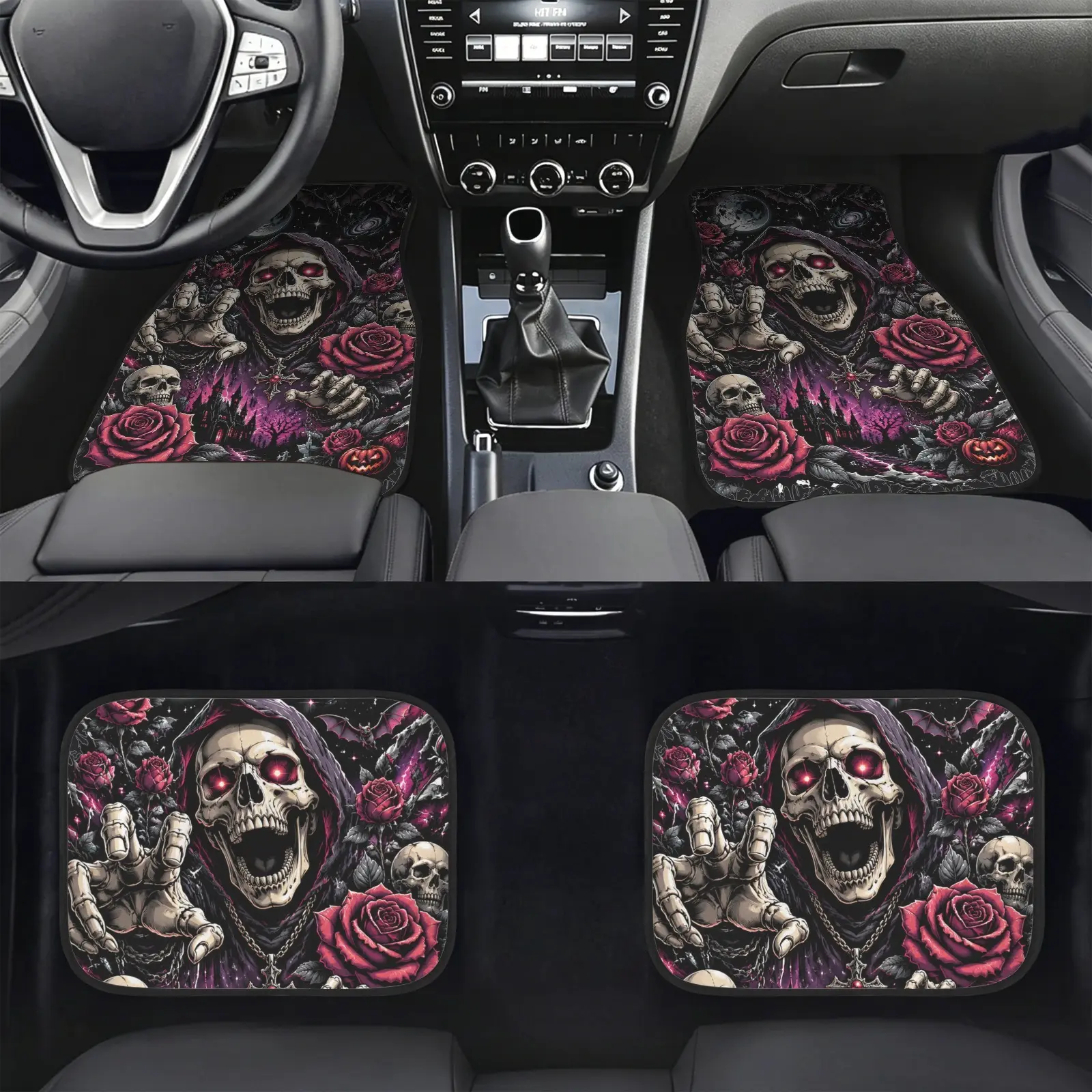 Car Floor Mats 4 Pieces with Gothic Skull Rose Print, Dark Halloween Car Accessories, Non Slip Stain Resistant Front Rear Liners, Unique All Season Gift for Gothic and Horror Car Lovers