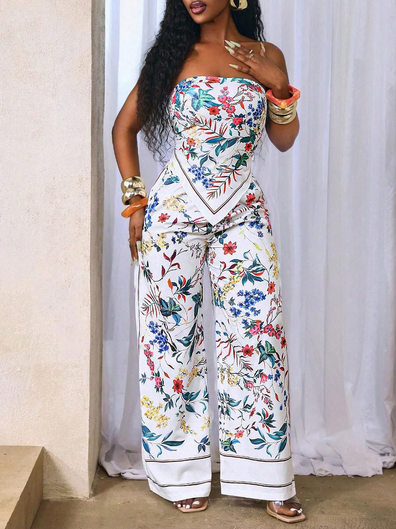 Women's 2-Piece Set Strapless Sleeveless Crop Top + Casual Long Pants, Floral Design, Essential for Daily Outings, Comfortable and Stylish