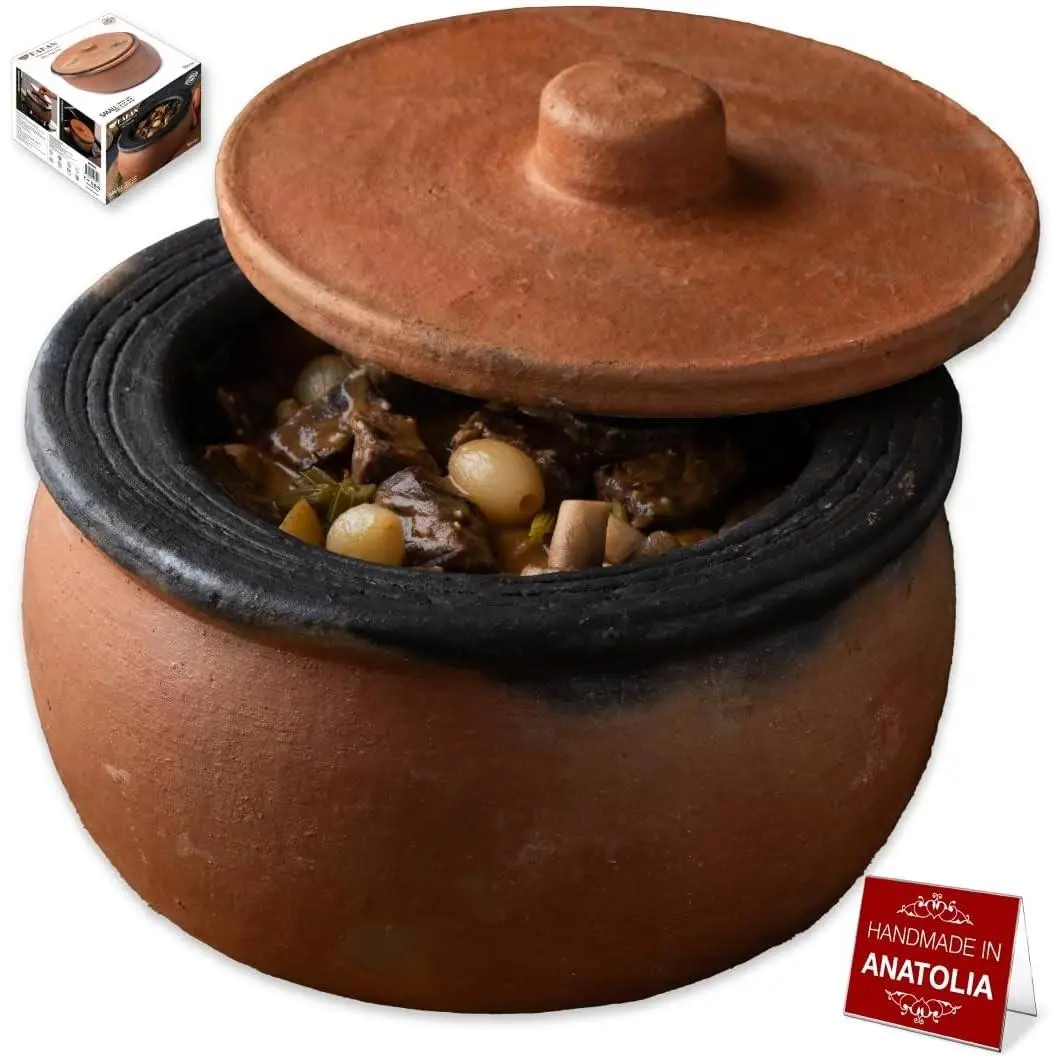 Clay Cooking Pot with Lid, 2.9 Quarts Unglazed Earthenware Casserole for Stove Top, Traditional Terracotta Roaster, 94.7 oz (2.8 L)