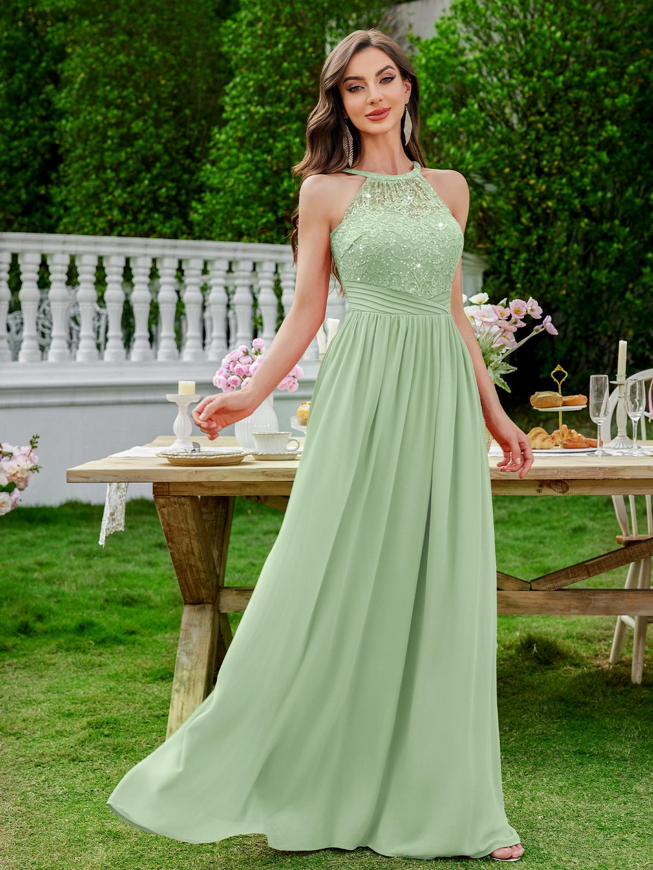 MIUSOL 24447A Women's Sequin Lace Sleeveless Halter Tie Back Ruched Waist Design Formal Evening Gowns Maxi Dress for Formal Event, Evening Party, Banquet, Festival, Quinceaneradress, Bridesmaid Dress