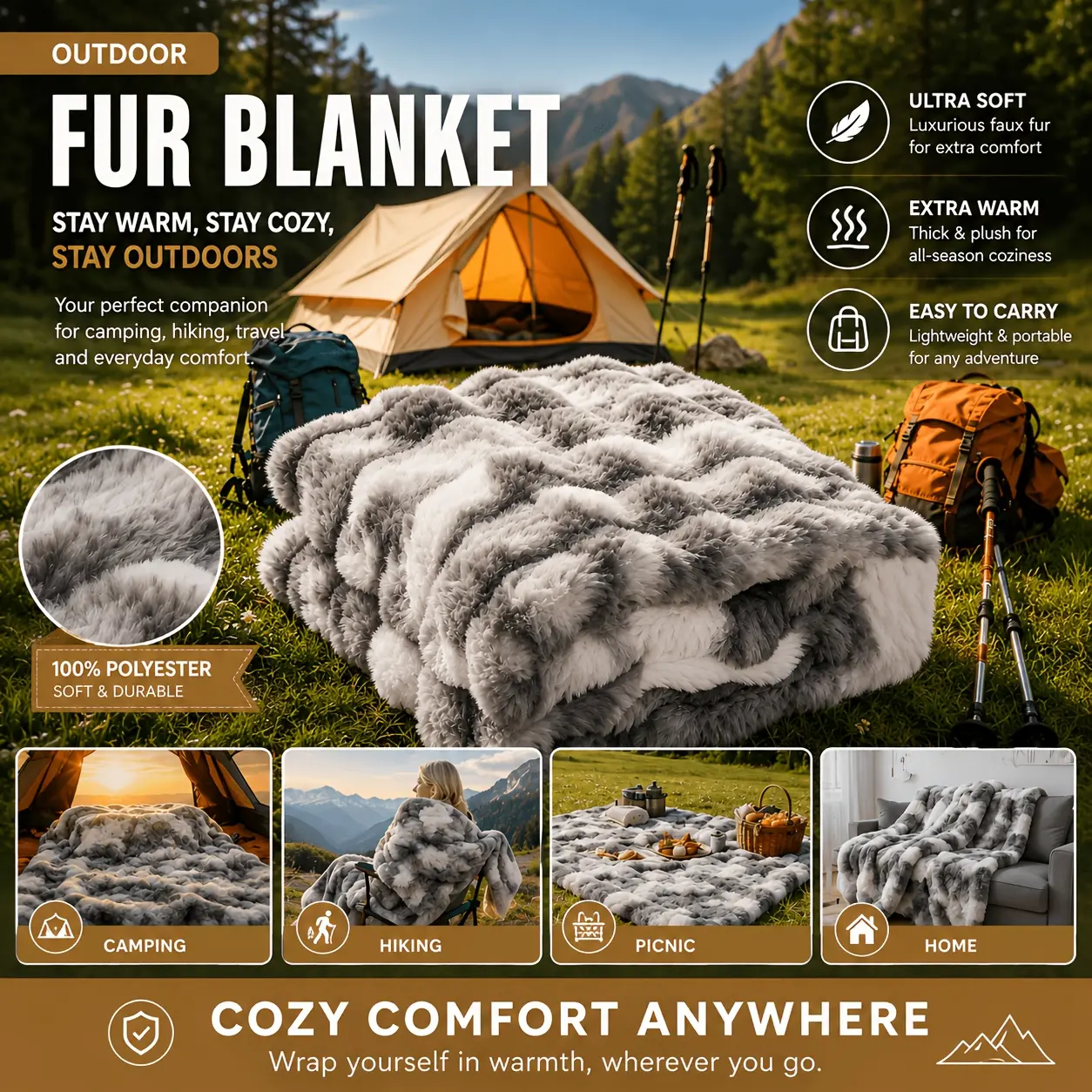 ORHOPUI Outdoor Blanket for Camping, Ultra Soft Faux Fur Camping Blanket, Thick Plush Polyester Throw Blanket for Hiking, Picnic, Travel, Tent, RV, Sofa & Home Use
