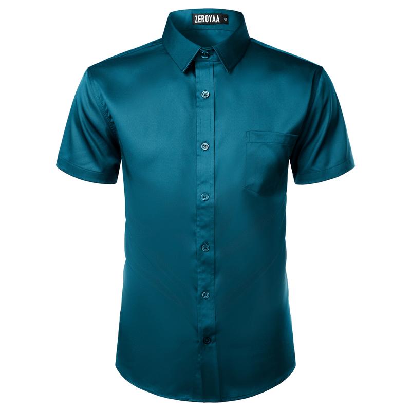 ZEROYAA Men's Urban Casual Stylish Slim Fit Short Sleeve Button Up Dress Shirt with Pocket Top Fabric summer outfits men Menswear Beige summer outfits men button shirt Plain Purple