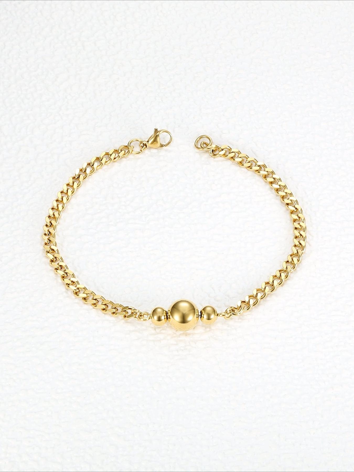 French-style Stainless Steel Bracelet with Delicate Golden Round Beads, Suitable for Daily Commuting and Dating Outfits
