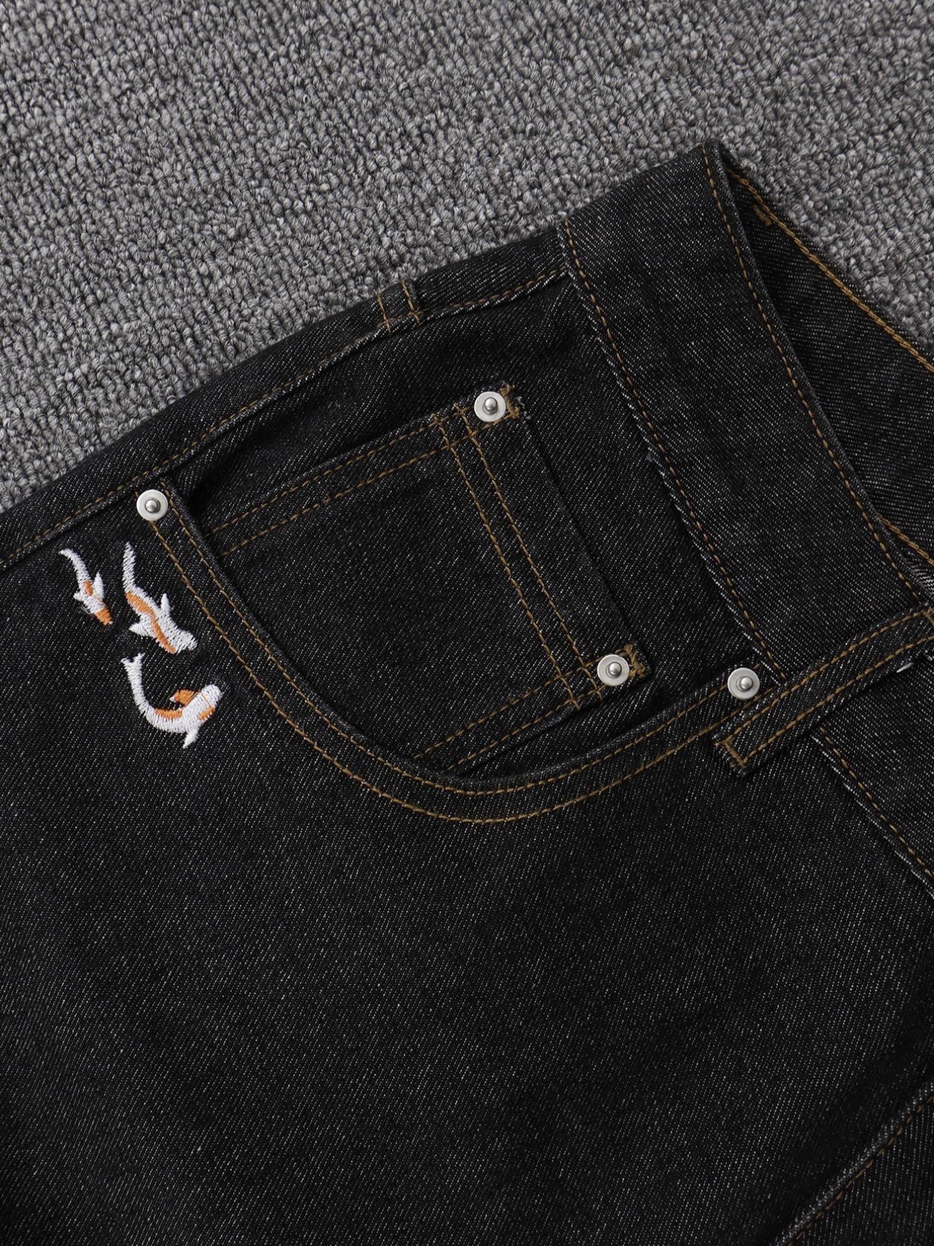 Street Style Streetwear Menswear Koi Embroidered Pocket Wide-Leg Denim Jeans Pants for Men, Casual Loose-Fitting Straight Jeans for All Seasons, Perfect Gift for Boyfriend, Husband, Friends