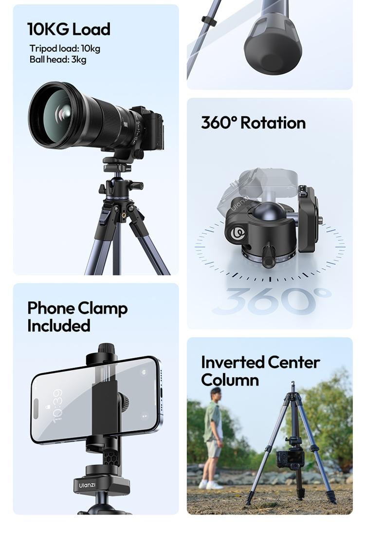 ULANZI Ombra Lightweight Travel Tripod, 59" Professional 5 Section Aluminum Camera Tripod with Claw Super Quick Release Design, for Canon Nikon Sony Cameras DSLR iPhone, Max Load 17lb