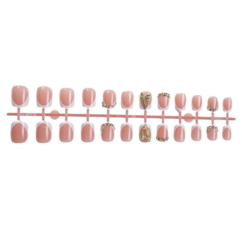 Nude White Tip French Press On Nails, Luxury Champagne Gold Rhinestone-Encrusted 3D Metal Bow Accent, Elegant Gentle Rich Girl Style Short Square Nails, Natural and Classy Removable False Nails with Jelly Glue and Nail File