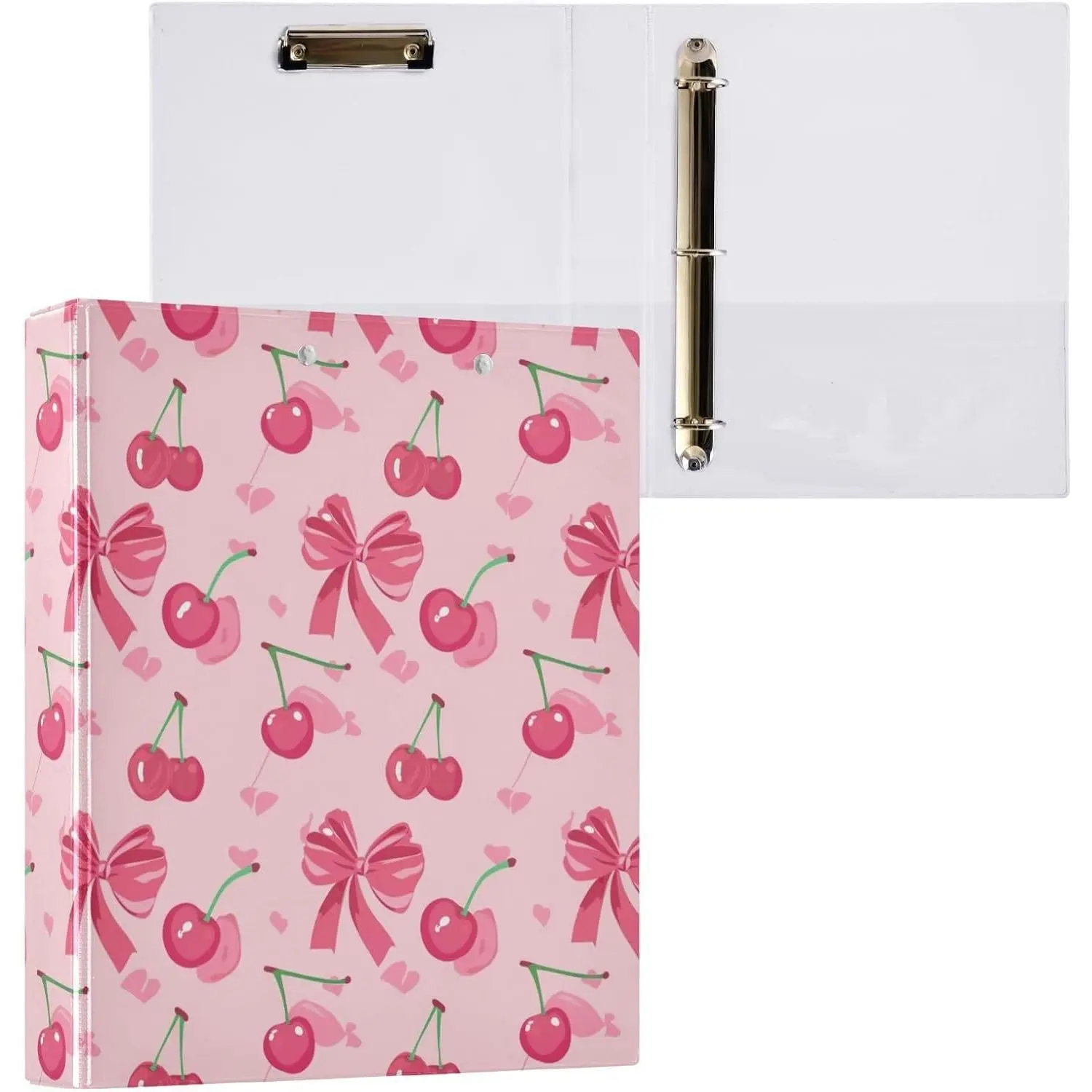 3 Ring Binder Cherry Coquette Pink Bow Cute Binders 1.5 inch with Clipboard PVC Pockets Fit 8.5 x 11 Paper for School or Office Supplies 1 Pack