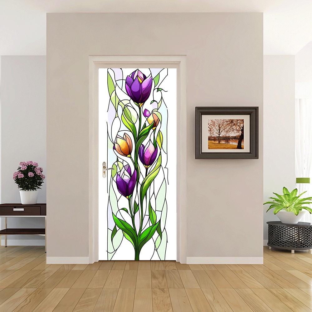 2pcs   Stained Glass Style Tulip Flower Wall Stickers for Home Decor Self Adhesive Removable Vinyl Decals for Living Room Bedroom Door Window Mural Art Decorations Purple Pink Green Floral Decor  C