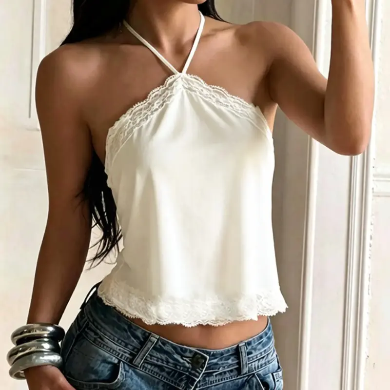 Lace Trimmed Satin Halter Top, Elegant Women's Clothing, Perfect for Special Occasions, Stylish, Chic and Comfortable Design