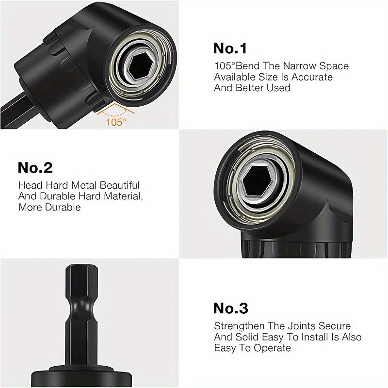 Six right-angle drill bit accessory sets, including three 360 rotatable 1/4, 3/8 and 1/2 inch impact-grade sleeve adapters, two 105 hexagonal shank angle drill bit adapters and 90 bevel drill bits Drill Attachment