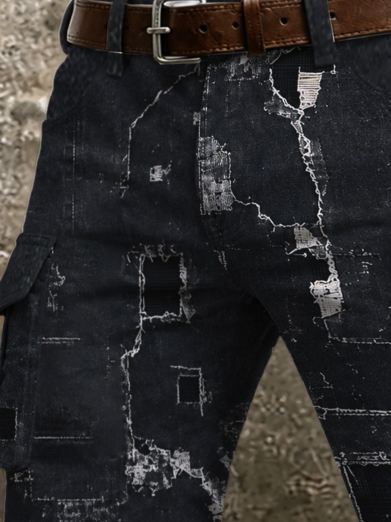 Men's Distressed Cargo Pants, Multi-Pocket Straight Leg Casual Long Pants, American Vintage Streetwear Fashion, Casual Pocket Trousers