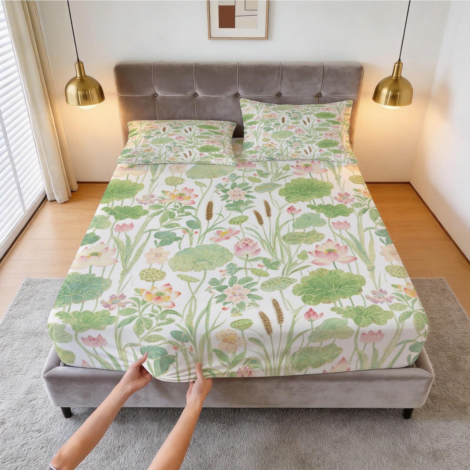 3 Piece Watercolor Lotus Pond Fitted Sheet Set, HD Digital Printed Deep Pocket Bed Sheet, Soft Breathable Bedding Set with Pillowcases (No Insert) for Bedroom Home Decor