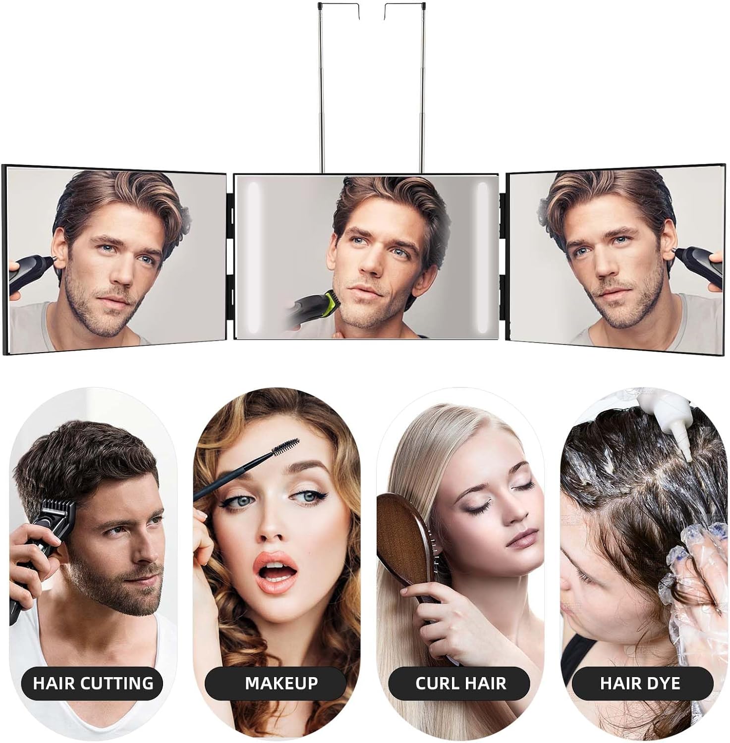 LED Makeup Mirror 3 Way Mirror for Self Hair Cutting with LED Lights Usb Charging (or without LED), Rechargeable Self Cut 360 Barber Mirror for Haircuts Door Mount