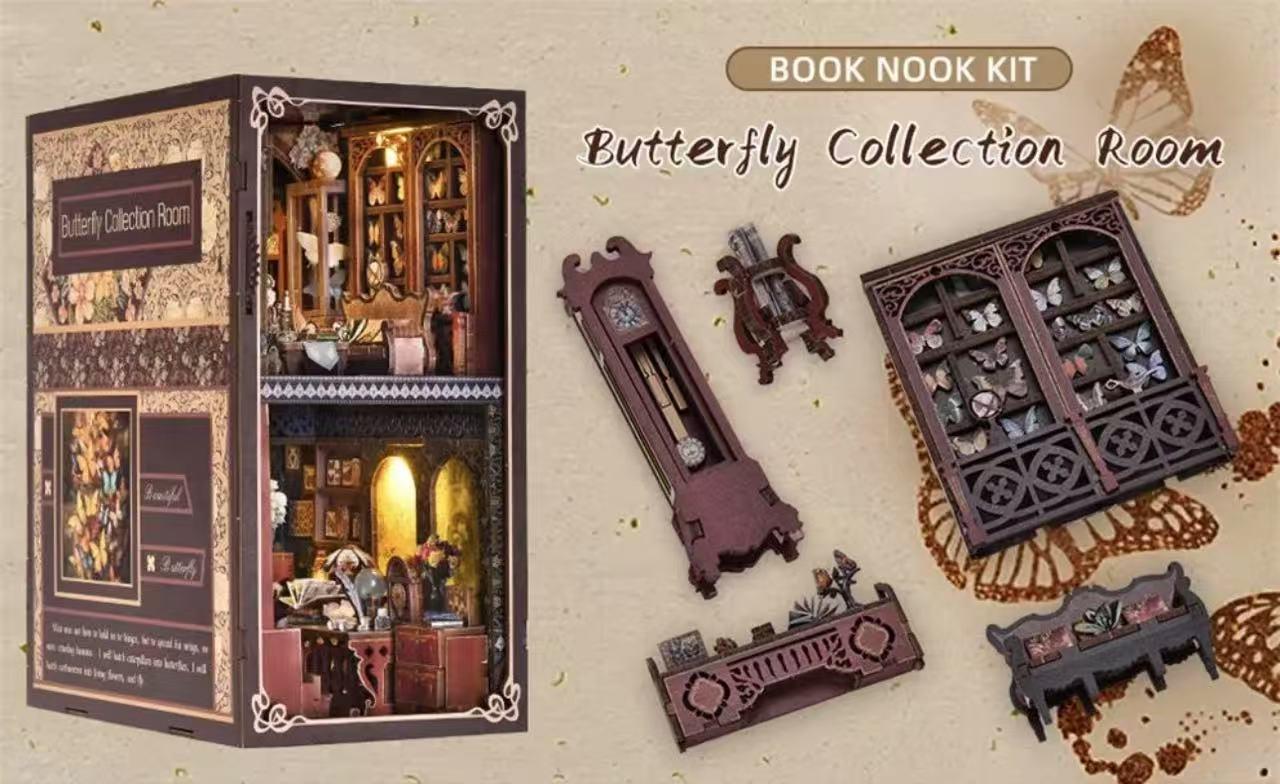 DIY Book Nook Kit 3D Wooden Puzzle Miniature Toy House Book Corner Kit Bookshelf Block Bookshelf Insert Decoration With LED Lights and Glue Suitable for Adults and Teens (Butterfly Collection Room)