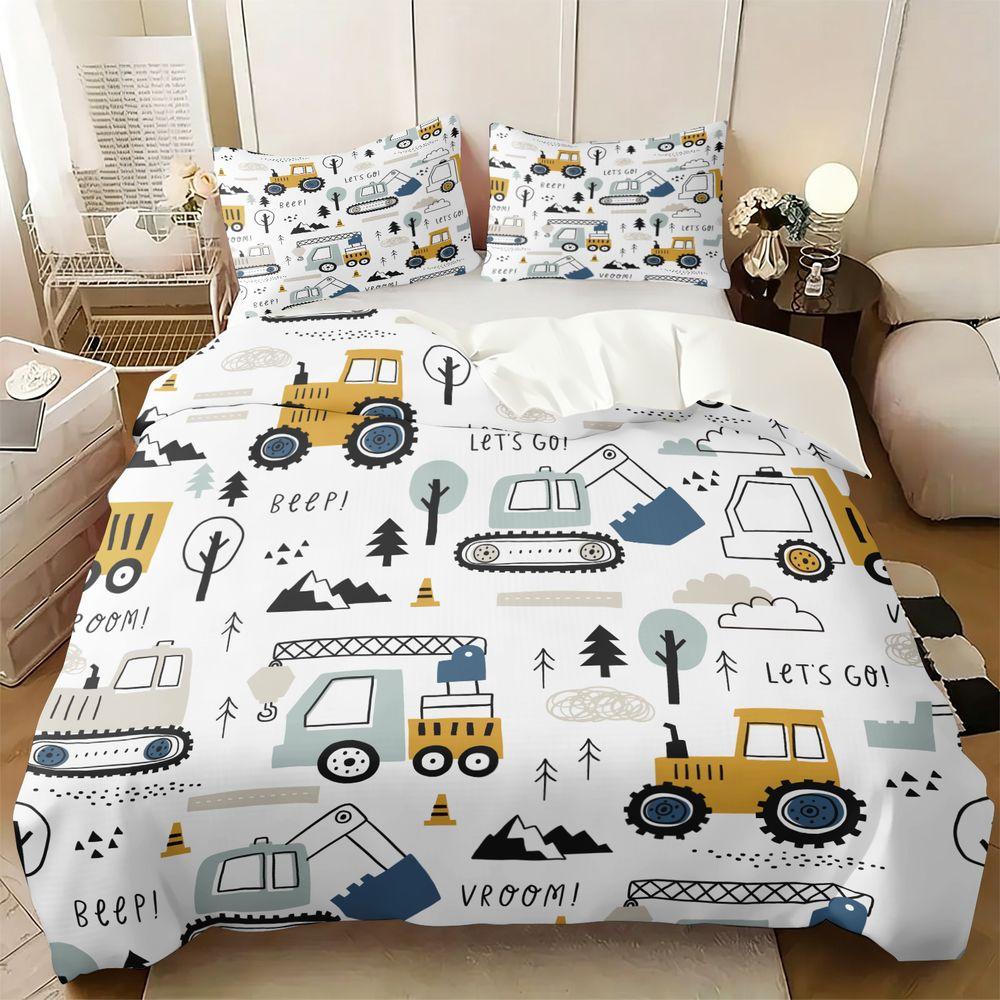 2/3Pcs Kids Construction Duvet Cover Set, Cute Cartoon Trucks Bedding Set, Boys Bedroom Decor Duvet Cover with Pillowcase, Soft Breathable Bedding for Toddler Kids Room No Fillers